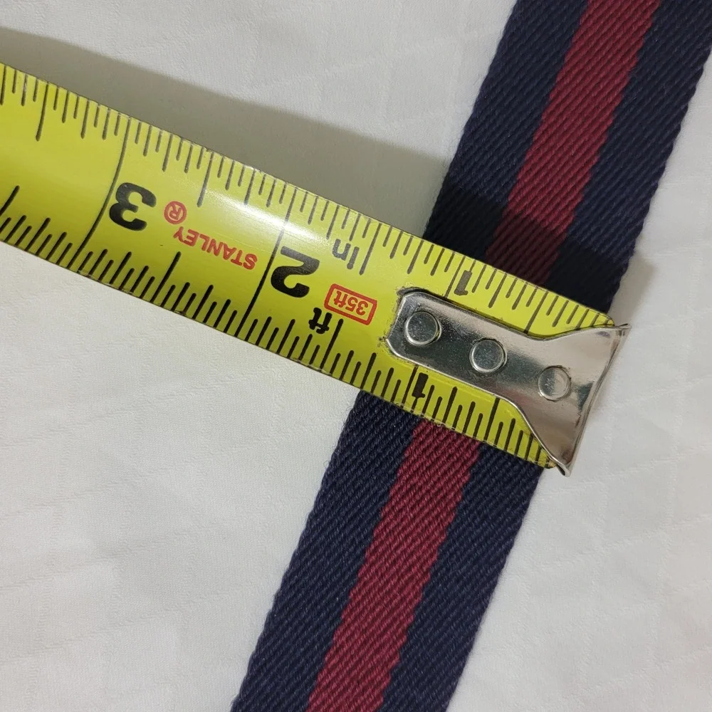 Mens Navy Burgundy Striped Wool Surcingle Belt Leather Solid Brass Buckle Sz 34